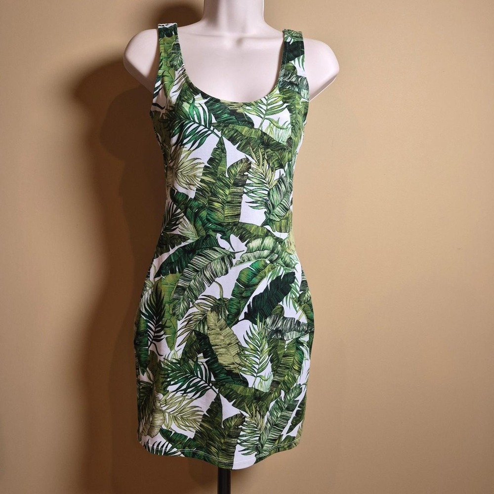H&M Divided Green Tropical Palm Leaf Print‎ Bodycon Mini Dress Womens Size 4